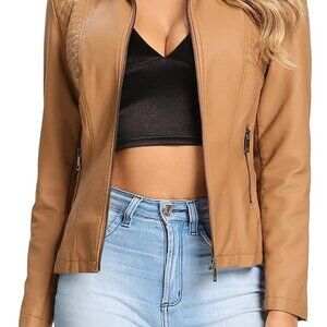 Womens Faux Leather Jacket, Casual Fashion Quilted Zip Up Suede Coat With Elasti
